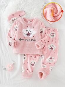 2件套少女白云字母刺绣袖拼布满印花云朵图案法兰绒加厚睡衣套装，可爱款，粉色，秋冬 - 粉色 - 查看 4