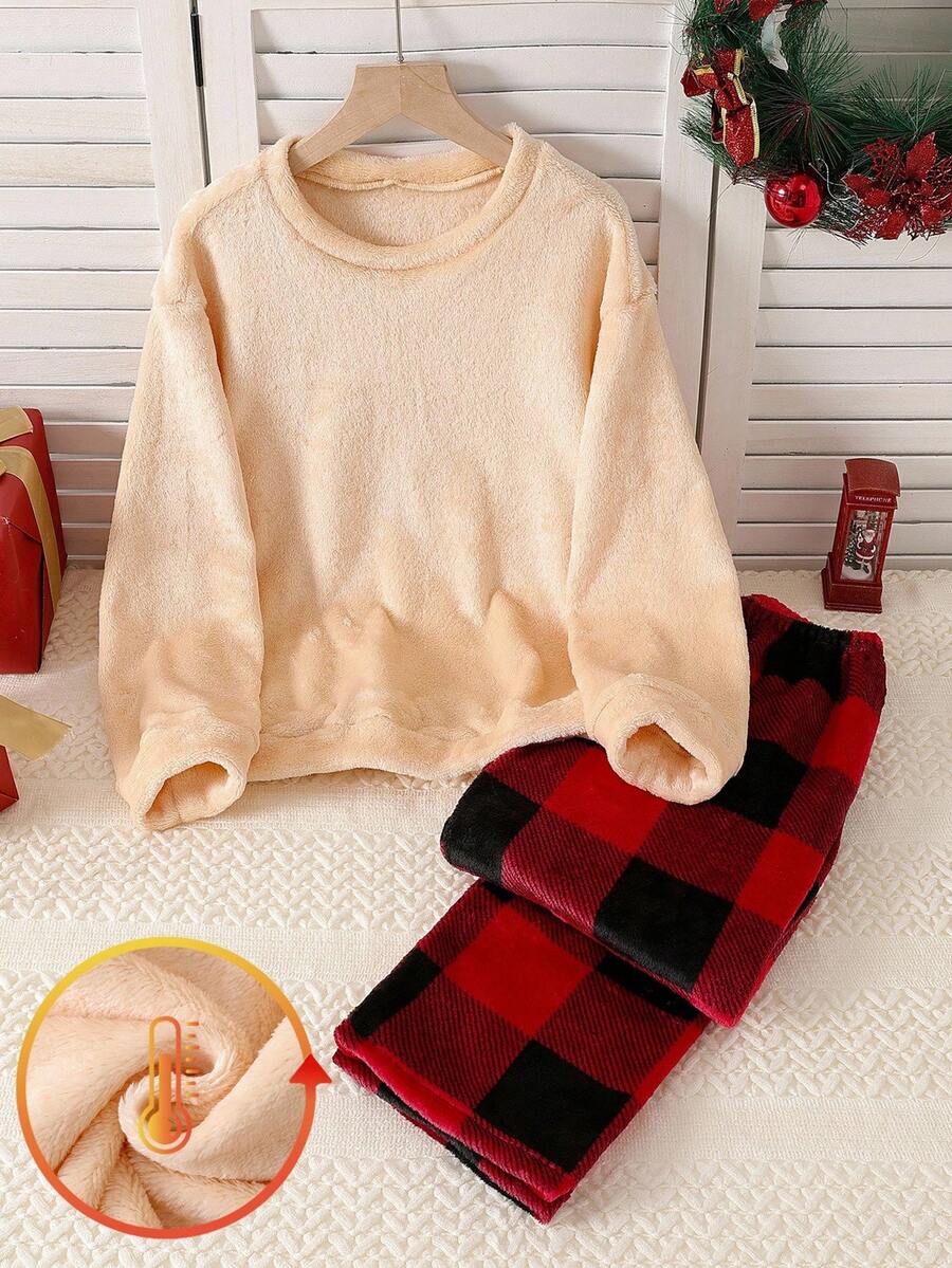 2 件女童格子羊毛长裤和长袖休闲睡衣套装，兄弟姐妹装搭配服装（2 套单独出售） - 杏色 - 查看 1