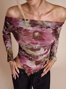 SHEIN BAE 女士花卉印花褶饰露肩性感长袖上衣 - 彩色 - 查看 1