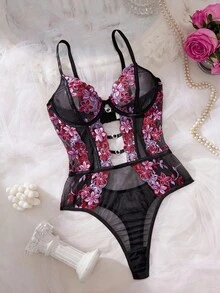 SHEIN 1pc Women's Sexy Lingerie Floral Embroidery Mesh Bodysuit - Multicolor - View 3