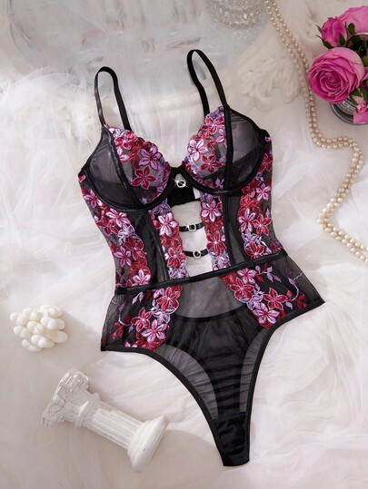 Seduluxe 1pc Verleidelijke Lingerie Bloemen Geborduurde Mesh Bodysuit view 3