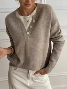 DAZY Casual Color Block Henley Neck Pullover, Soft Knit 2 In 1 Sweater For Women Fall