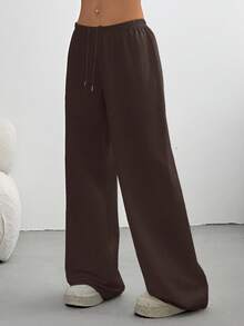 SHEIN EZwear Quần nỉ ống đứng lưng thấp có dây rút cỡ lớn - Màu nâu Sô-cô-la - Xem 4