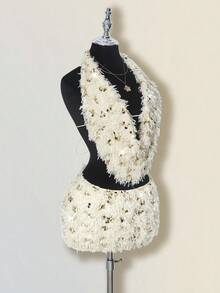 SHEIN ICON Women's Beige Homecoming Fluffy Birthday Glitter Party Sexy Sequin Backless Halter Top And Mini Skirt 2 Pieces Set, Summer - Apricot - View 3