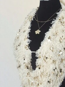 SHEIN ICON Women's Beige Homecoming Fluffy Birthday Glitter Party Sexy Sequin Backless Halter Top And Mini Skirt 2 Pieces Set, Summer - Apricot - View 8