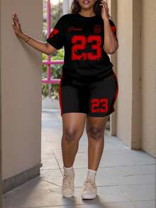 Slaydiva 2 件休闲简约运动红色蝴蝶结 23 球衣印花紧身短袖短裤套装，适合夏季 - 黑色 - 查看 5