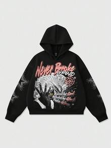 ROMWE MEN Street Life Áo nỉ có mũ trùm đầu dài tay in chữ và ngôi sao năm cánh thường ngày cho nam, mùa thu/đông - màu đen - Xem 1