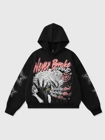 Street Life Felpa con cappuccio casual da uomo con stampa di lettere e pentagramma, manica lunga, autunno/inverno