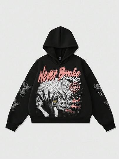 Street Life Men's Casual Letter & Pentagram Print Long Sleeve Hoodie Sweatshirt, Autumn/Winter