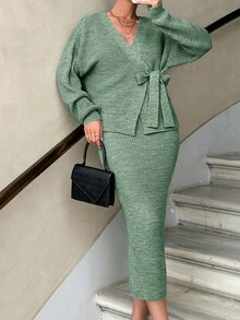 EURMUSE Women Knitwear Co-Ord Set With Cardigan And Dress - Mint Green - View 8