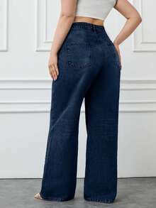 Jeans casual a gamba dritta e ampia in 100% cotone, taglia comoda per donna, colore blu