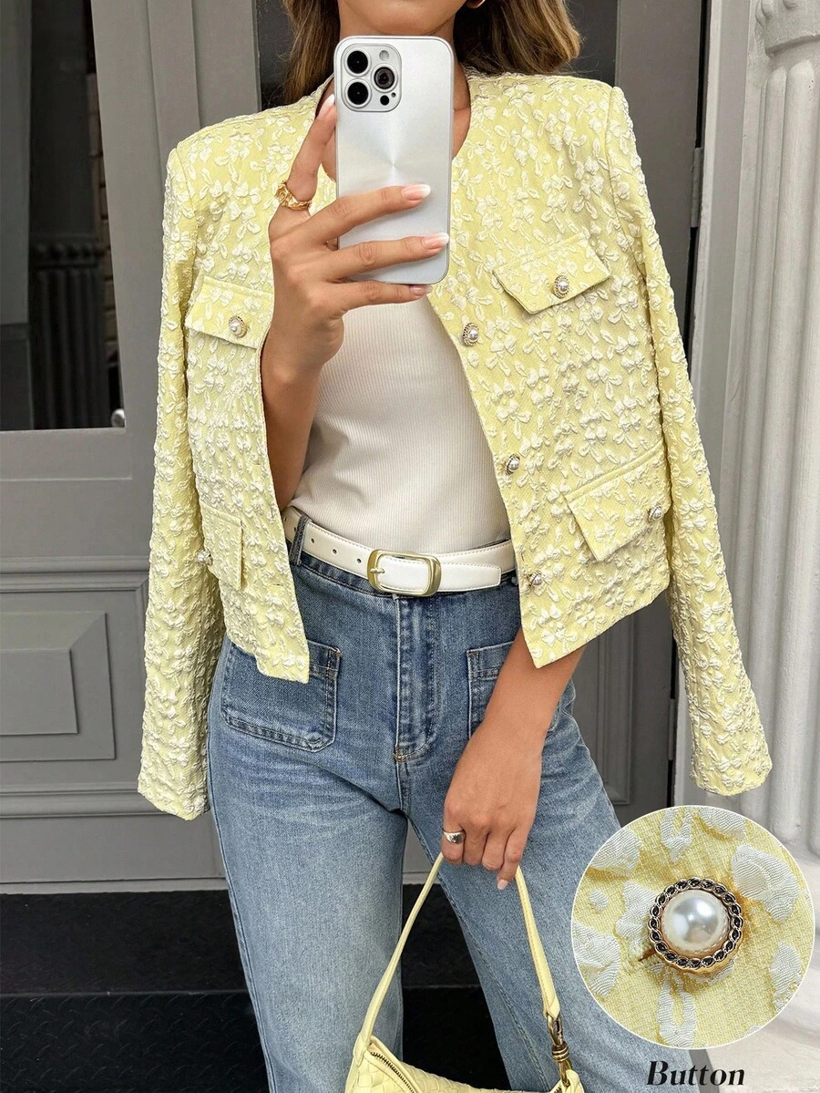 Selianne Women's Casual Jacquard Front Button Round Neck Jacket, Autumn