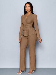 SOLERSUN Women's Apricot Color Elegant V Neck Long Sleeve T-Shirt And Wide Leg Pants Two Pieces Set,Asymmetrical Hem Two Pieces Outfits,Casual Daily Wear,Winter Clothes For Women Fall Cloth For Women - Brown - View 6