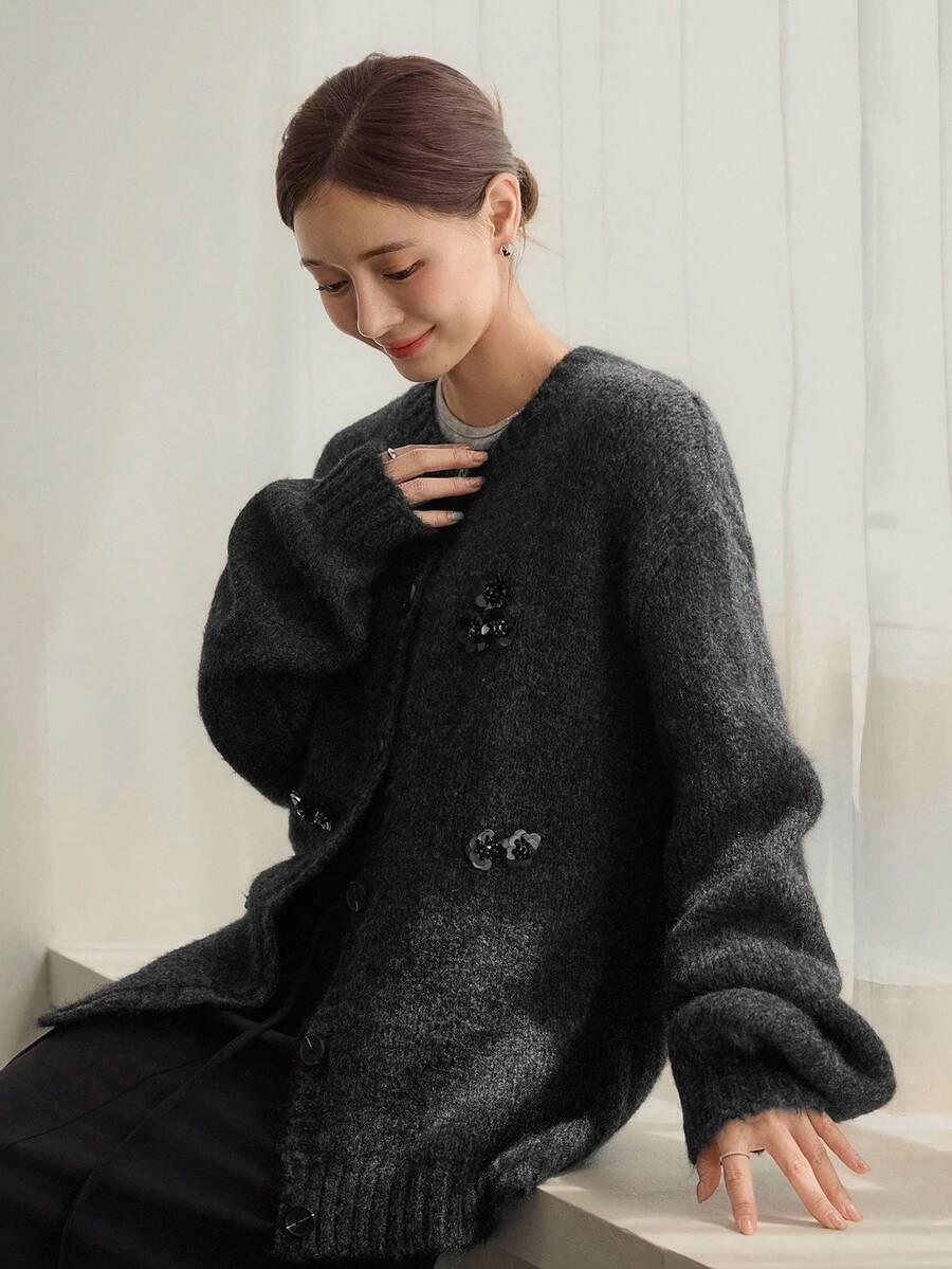 DAZY Loose Business Casual Chic Street Elegant Sequin Beaded Knit Cardigan For Women, Suitable For Autumn & Winter, New Year & Christmas - Black - View 1