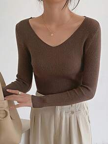 DAZY Women V-Neck Slim Fit Thin Long Sleeve Knit Sweater Fall/Winter