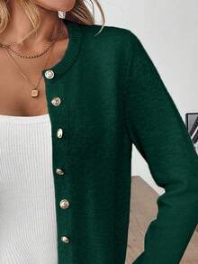EMERY ROSE Cárdigan casual de punto con cuello redondo, manga larga y botones delanteros de unicolor para mujer - Verde Oscuro - Ver 8
