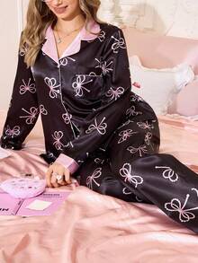 珍珠蝴蝶结印花长袖领女士睡衣套装丝质睡衣套装黑色睡衣套装，秋季服装 - 彩色 - 查看 5