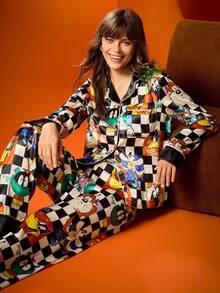 Chillnights X LOONEY TUNES Women's Cartoon Pattern Satin Button Up Top & Pants Pajama Set, Fall Winter Clothes - Multicolor - View 7