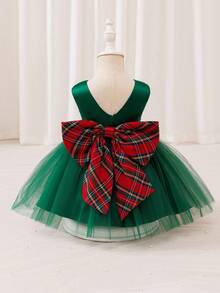 Glamorique Kids Vestido de satén verde con encaje para niñas con lazo grande en la espalda a cuadros, cinturón de cintura de color block, vestido de tirantes, vestido de cumpleaños para bebé niña, disfraz de fiesta de actuación, vestido para bebé niña - Verde - Ver 1