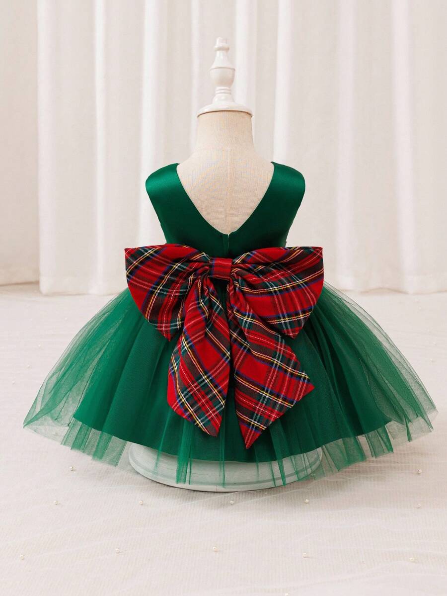 Glamorique Kids Vestido de satén verde con encaje para niñas con lazo grande en la espalda a cuadros, cinturón de cintura de color block, vestido de tirantes, vestido de cumpleaños para bebé niña, disfraz de fiesta de actuación, vestido para bebé niña - Verde - Ver 1