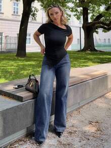 Jeta Ari Solid Color Pocket Casual Loose Fit Jeans - Blue - View 5