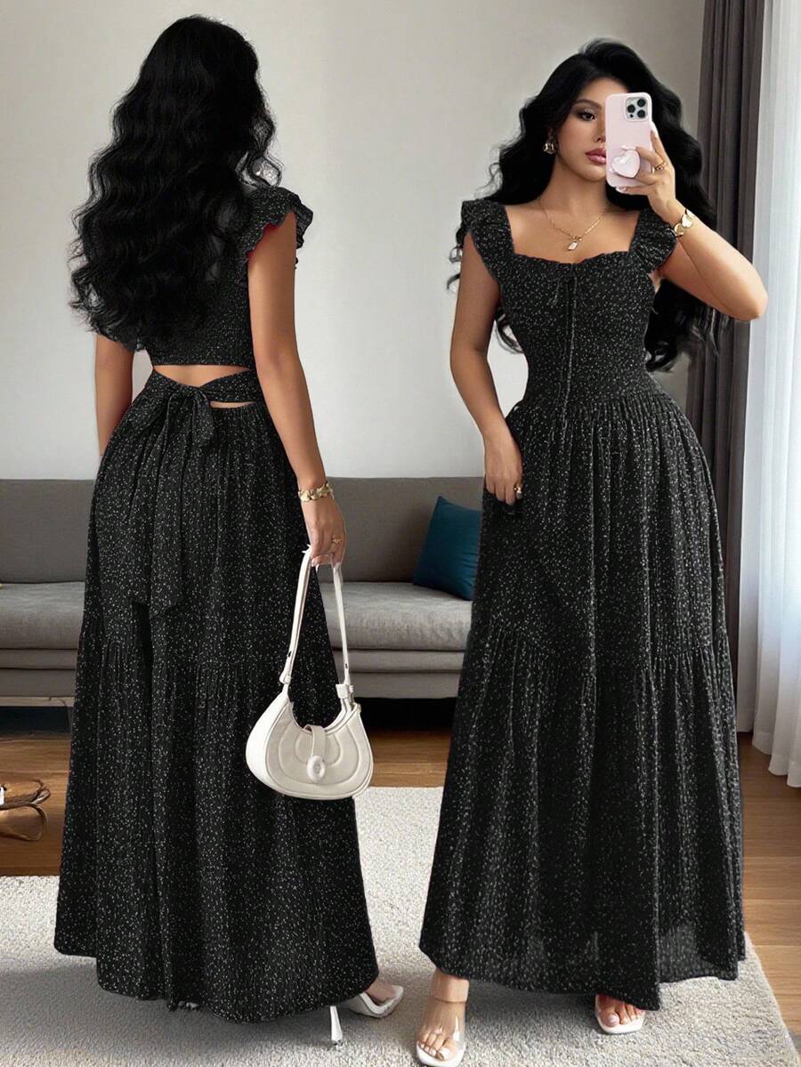 Selianne Váy ren hở lưng chấm bi thanh lịch dành cho nữ, mùa hè - màu đen - Xem 1