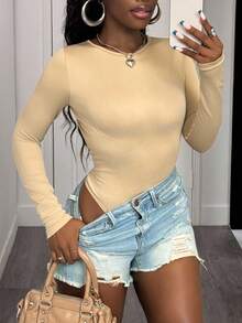 Slaydiva Mono de manga larga sin espalda de unicolor, de estilo minimalista para el verano - Albaricoque - Ver 2