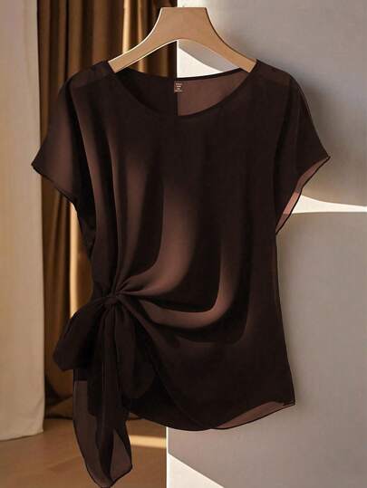 Franclia Plus Size Casual Flared Shoulder Sleeve Shirt, Spring/Summer Brown Chiffon Top Chiffon Blouses For Women Brown Top Women Dark Brown Top Chocolate Brown Top