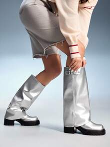 CUCCOO GRLICON 女士时尚黑色阔腿厚底中筒靴，适合万圣节、圣诞节、派对、秋季 Y2K 装扮 - 銀色 - 查看 5