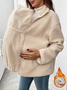 SHEIN Pregnant Women Khaki Plush Solid Color Zipper Jacket Warm Three-In-One Jacket, Autumn And Winter Jacket Pregnant Women Three-In-One Jacket Winter Maternity Coat Maternity Jacket Baby Carrier Jacket Women Fleece Jacket 3-In-1 Jacket  Women's Winter Jacket