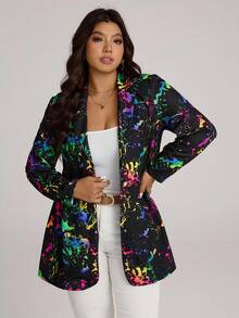 Comfylo Plus Splash Ink Print Single Button Blazer Fall Women Clothes Fall Clothes Plus Size Fall Outfits For Women  Fall Outfits Women Autumn - Multicolor - View 6
