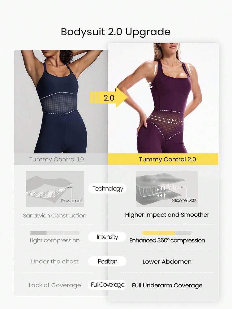 26" FeatherFit™ Strap It Good Tummy Control Crisscross Strap Open Back Movement Romper Bodysuit Light Support Low Impact