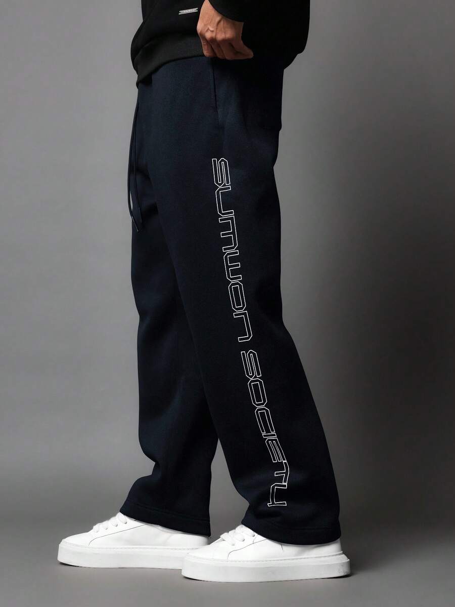 SUMWON Loungewear Essential Wide Leg Sweatpants Side Logo Print Drawstring Waist Soft Winter Cozy Pants Elastic Cuffs Street Style Urban Fashion Plain - Navy Blue - View 1