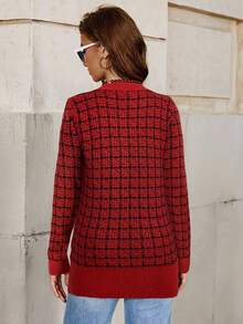 SHEIN Clasi Women's Contrast Plaid Long Sleeve Knit Cardigan Autumn Winter Clothes For Women