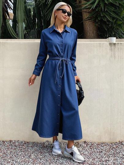 DAZY 复古风领褶饰系腰修身长袖牛仔连衣裙