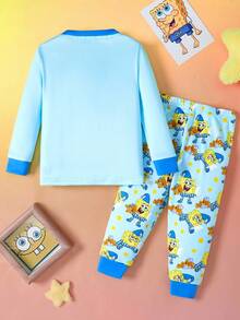 SpongeBob SquarePants | SHEIN 2pcs Baby Boy Cartoon Print Crew Neck Long Sleeve Top And Pants Knit Comfortable Casual Stretchy Pajama Set
