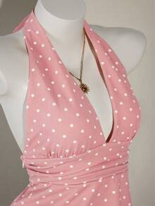 Top sin espalda de halter estilo boho marrón para salir, tipo babydoll, para primavera a verano - Lunares rosas - Ver 5