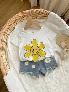 SHEIN Bộ áo thun tay ngắn họa tiết hoa và quần short denim cho bé gái, dễ thương và đa năng cho mùa hè - Nhiều màu - Xem 9