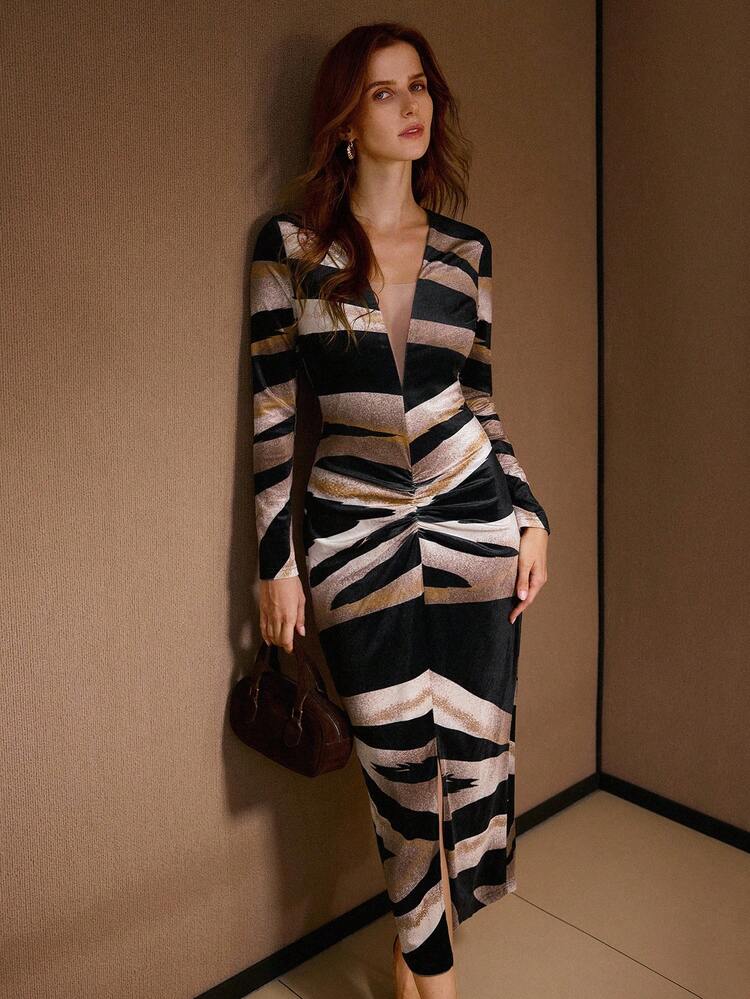 DEEP V-NECK STRIPED GATHERED DRESS