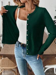 EMERY ROSE Cárdigan casual de punto con cuello redondo, manga larga y botones delanteros de unicolor para mujer - Verde Oscuro - Ver 5