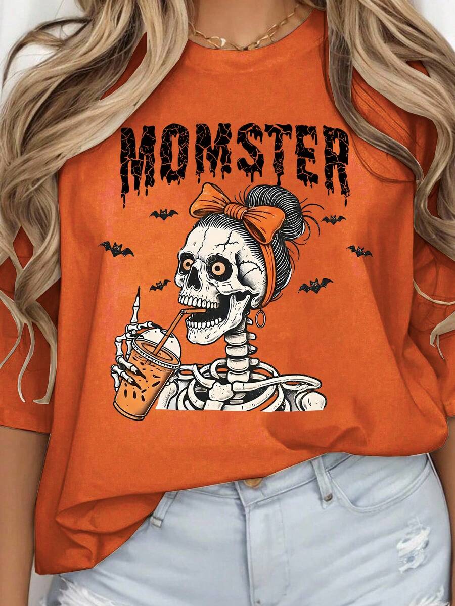 EMERY ROSE Momster Skeleton Mom Halloween T-Shirt, Funny Mama Halloween T-Shirt, Mom Spooky Season Tee, Gift For Mothers, Halloween Mom Gift, Gift For Mom - Coral Orange - View 1