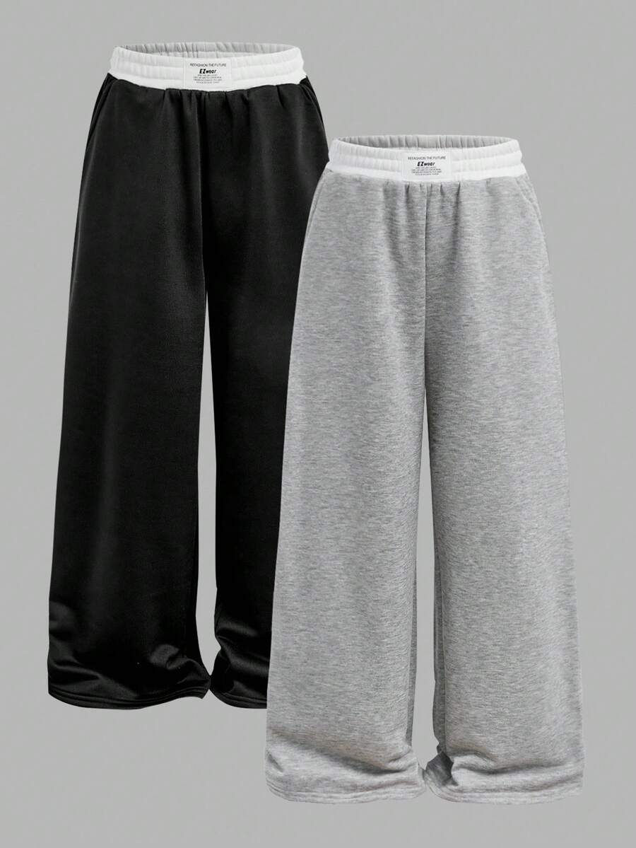 SHEIN Bộ 2 quần ống rộng và quần nỉ dệt kim màu tương phản thường ngày cho bé gái tuổi teen - Xám - Xem 1