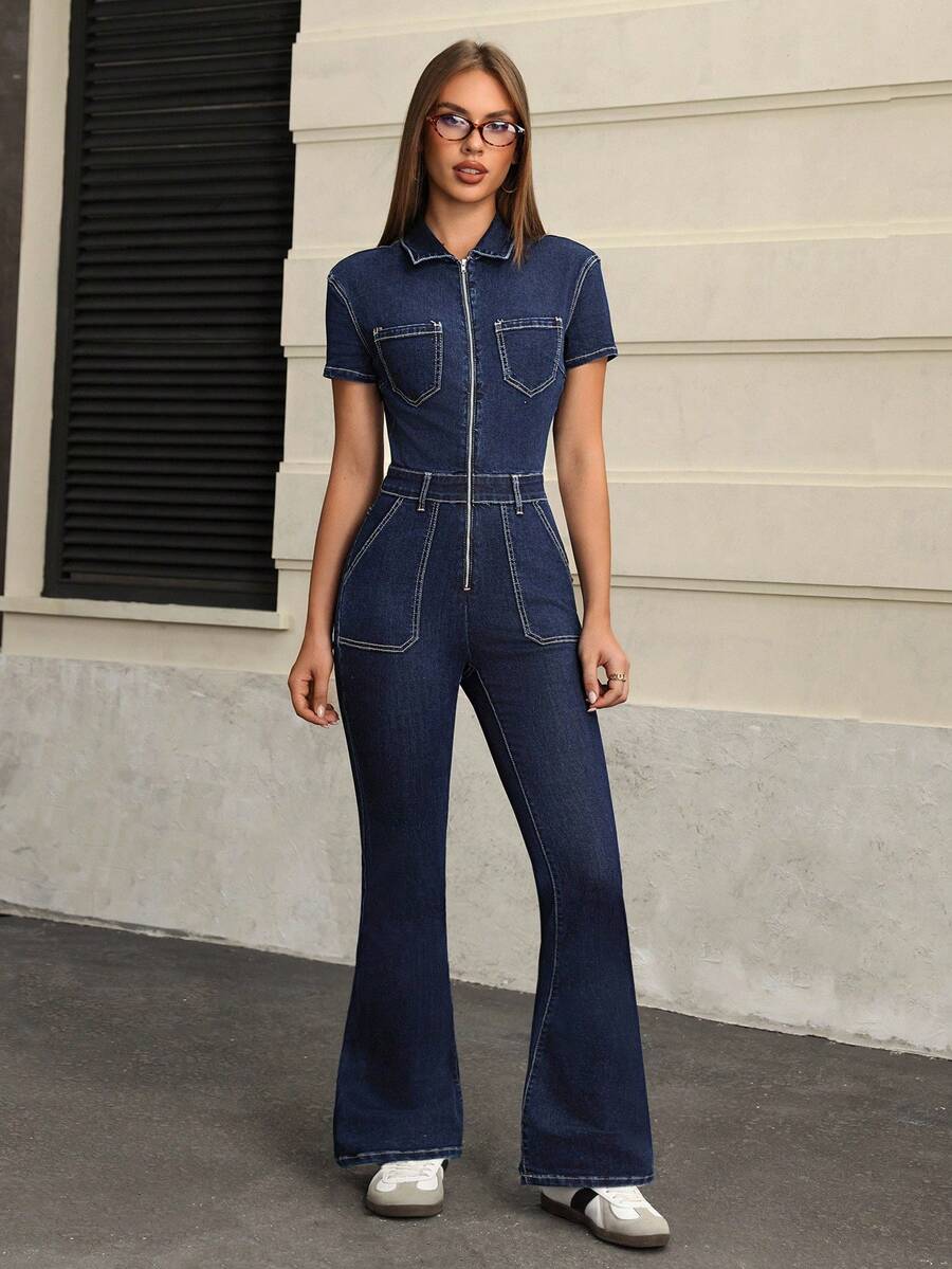 SHEIN EZwear 女式休闲时尚撞色针脚拼布口袋拉链前开合身喇叭牛仔连体裤，春夏秋 - 藍色 - 查看 1