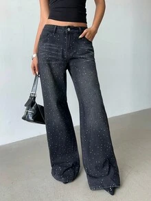 Aloruh Retro Sexy Slim Fit Washed Rhinestone Embellished Wide Leg Jeans Jeans Glittersparkle Jeansrhinestone Jeans, Fall Women Clothes - Black - View 6