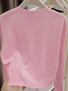 INAWLY Cardigan Panjang Wanita Kasual Warna Polos Minimalis Romantis - Berwarna merah muda - View 3