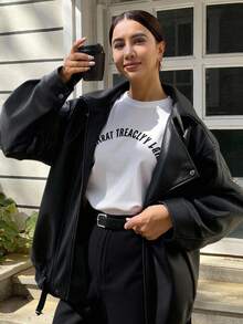 DAZY Chaqueta de mujer de piel de PU, abrigo de piel casual de estilo callejero oversize - Negro - Ver 3