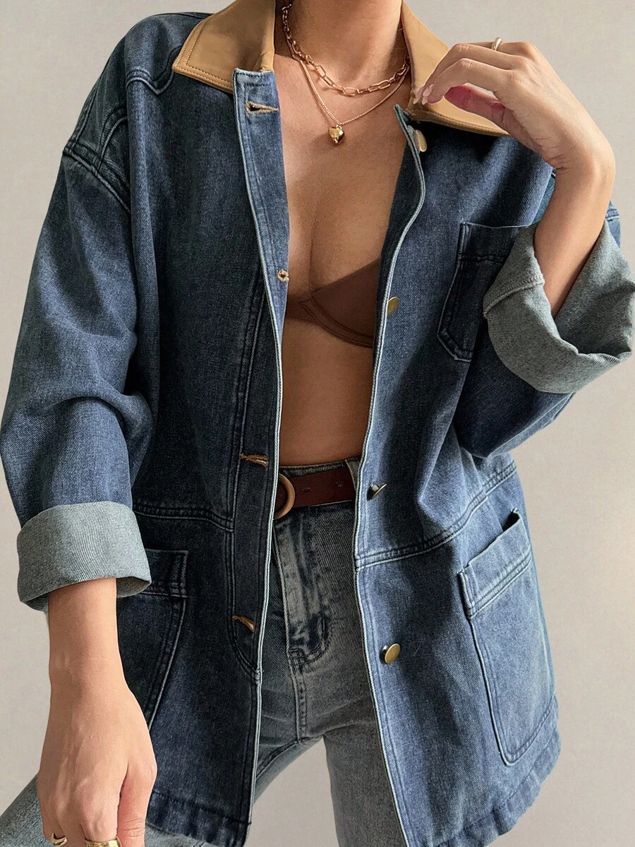 Livesso Women's Loose Denim Jacket With Fabric Patchwork, Autumn - Blue - View 1