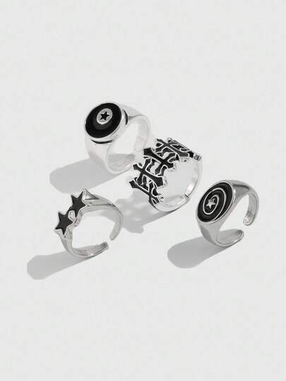 Goth 4 pièces/set, Bagues punk décontractées à la mode avec étoiles et croix, bijoux de couple, cadeau de vacances