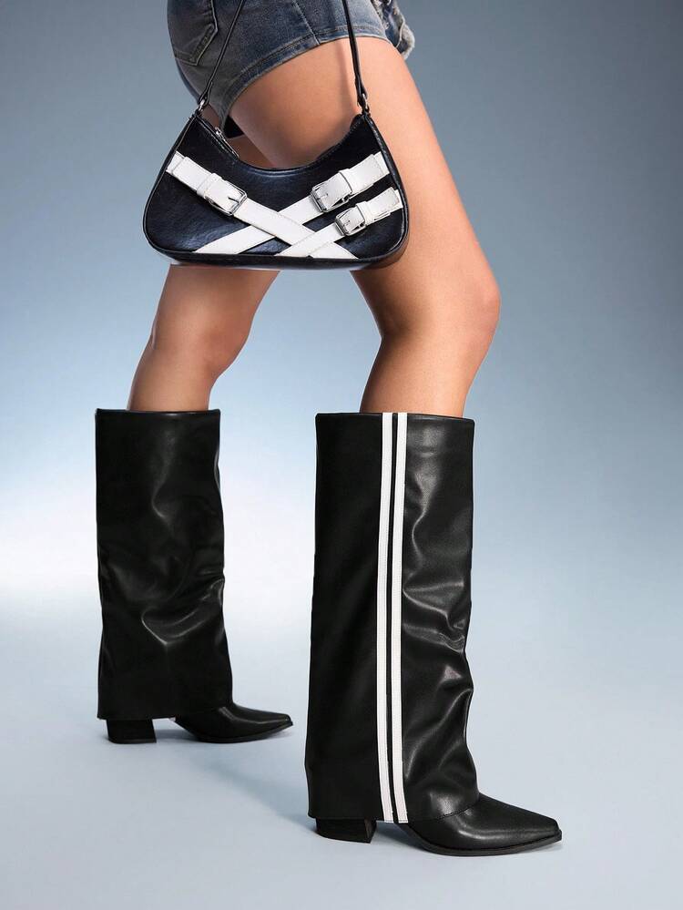 CUCCOO GRLICON ウィメンズ ポインテッドトゥ チャンキーヒール カラーブロック ニーハイブーツ、ハロウィン、クリスマス、Y2Kおよびレーシングスタイルのアウトフィットに適しています