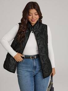 Comfylo Plus Size Solid Color Front Zip Sleeveless Pocket Casual Padded Coat, Daily Wear Winter Fall Autumn